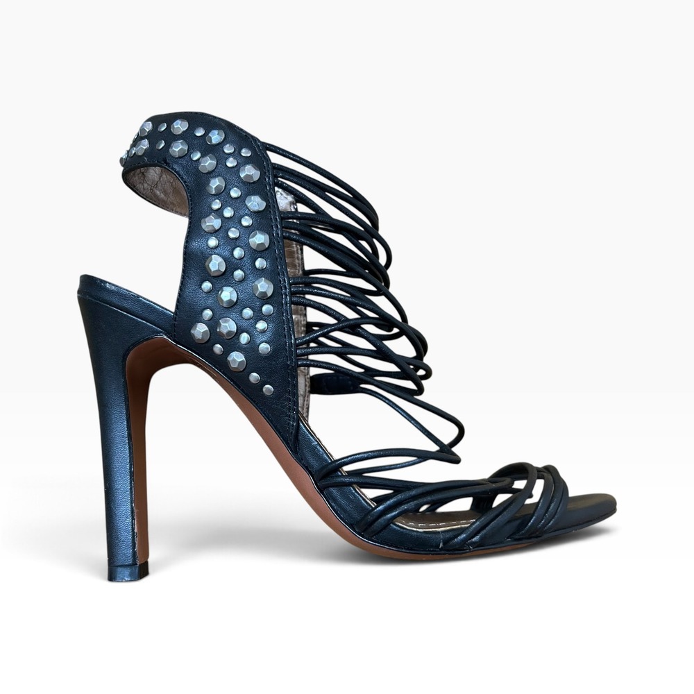 BCBGeneration Black Leather Studded Strappy Gladiator Stiletto Sandals 7.5/37.5